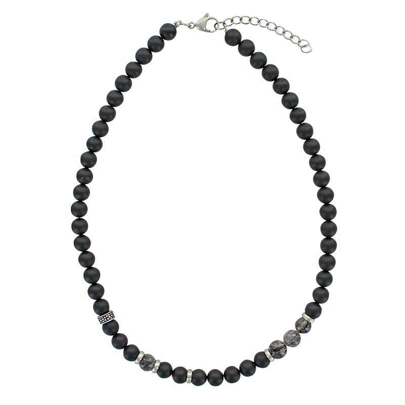 Collier boules Onyx et Quartz et éléments en Acier