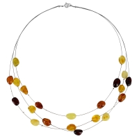 Collier câble acier 3 rangs ambre cognac, miel et vert, fermoir argent 925/1000