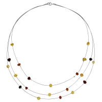 Collier câble acier 3 rangs petit ambre cognac, miel et vert, fermoir argent 925/1000
