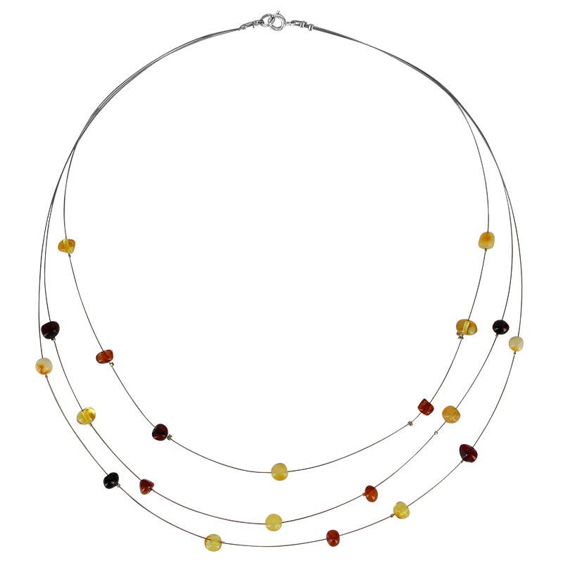 Collier câble acier 3 rangs petit ambre cognac, miel et vert, fermoir argent 925/1000
