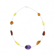 Collier câble argent rhodié avec des pierres d'ambres et une pierre d'améthyste