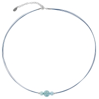 Collier câble et nylon bleu orné de 3 pierres rondes Larimar et argent 925/1000 rhodié