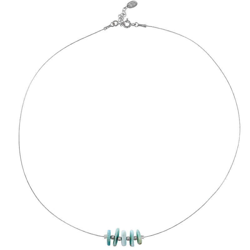 Collier câble orné de pierres Larimar et boules en argent 925/1000 rhodié