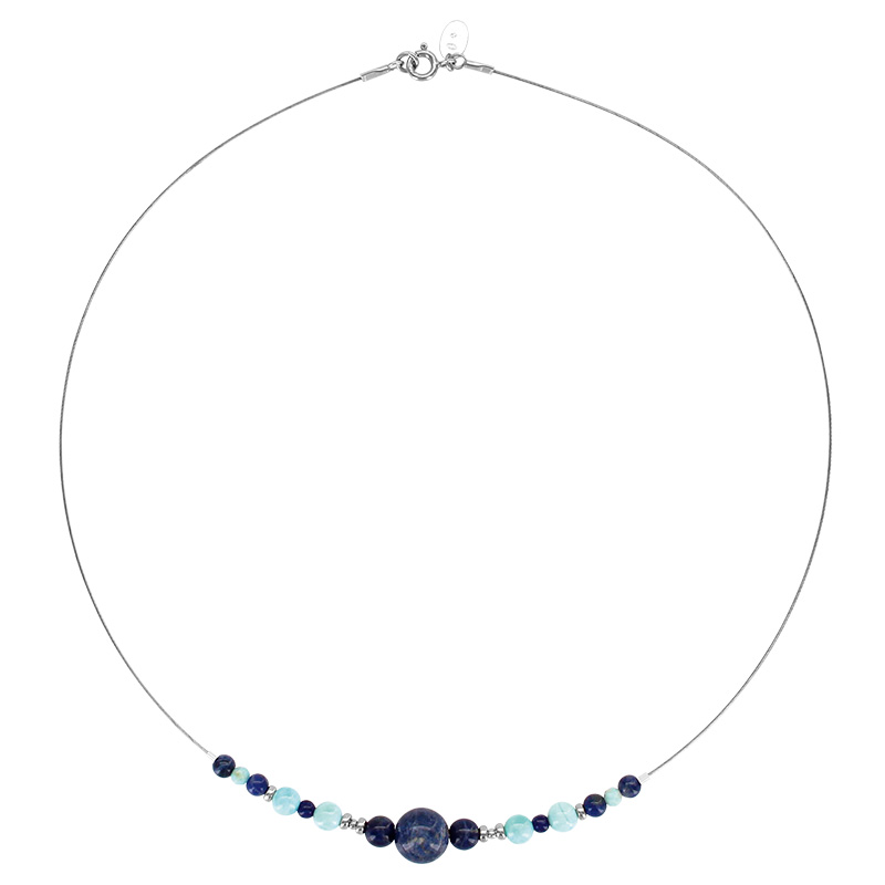 Collier câble orné de pierres Sodalite et Larimar facettées assemblées, argent 925/1000 platiné