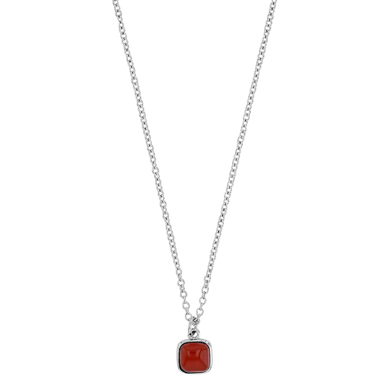 Collier cabochon carré agate rouge, argent 925/1000 rhodié