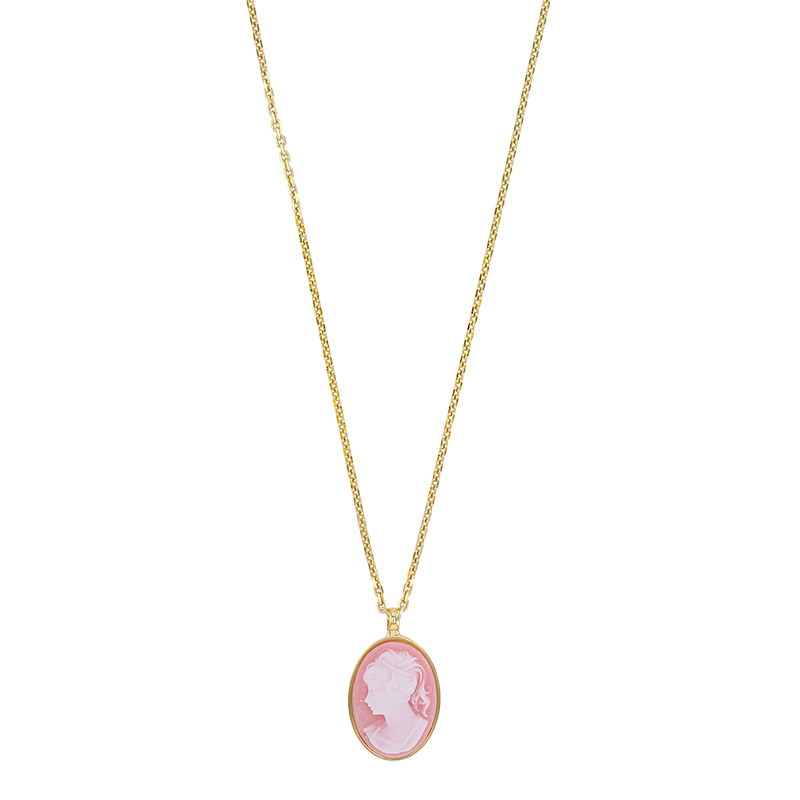 Collier camé en corail reconstitué maille forçat, argent 925/1000 doré