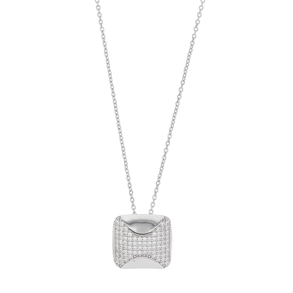 Collier carré bombé en argent 925/1000 rhodié et oxydes de zirconium