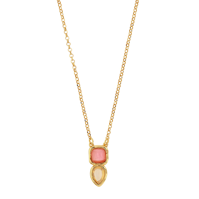 Collier carré/goutte oeil de chat rose et blanc, argent 925/1000 doré
