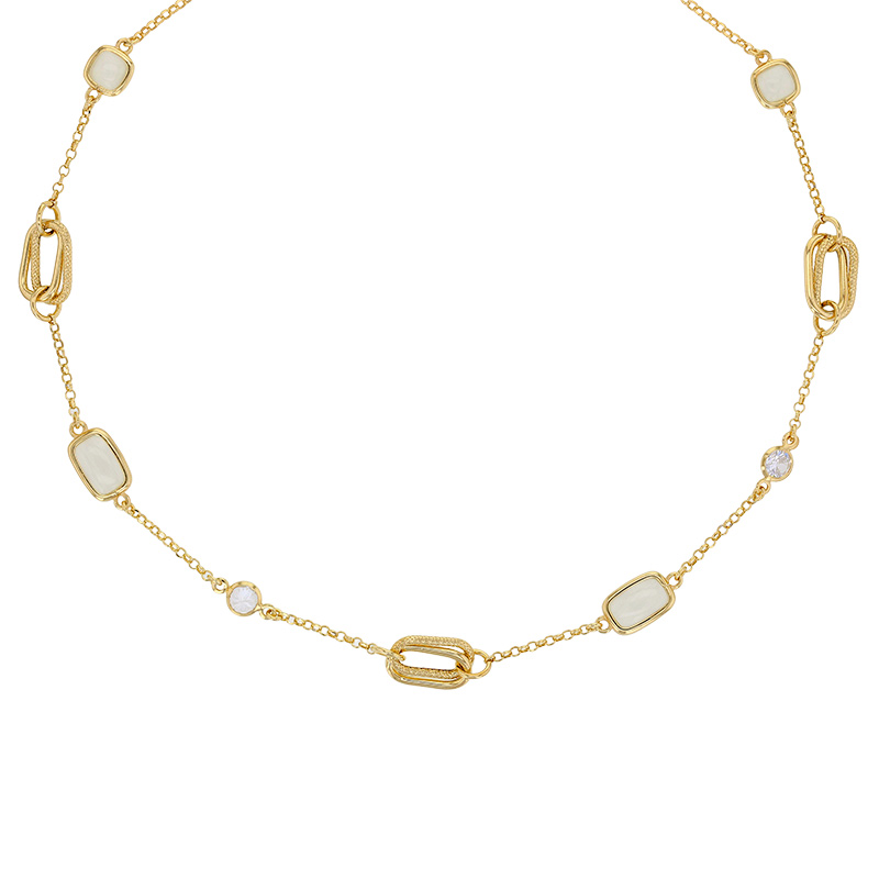 Collier 2 carrés et 2 ovales en nacre, 2 ronds en oxyde maille jaseron argent 925/1000 doré