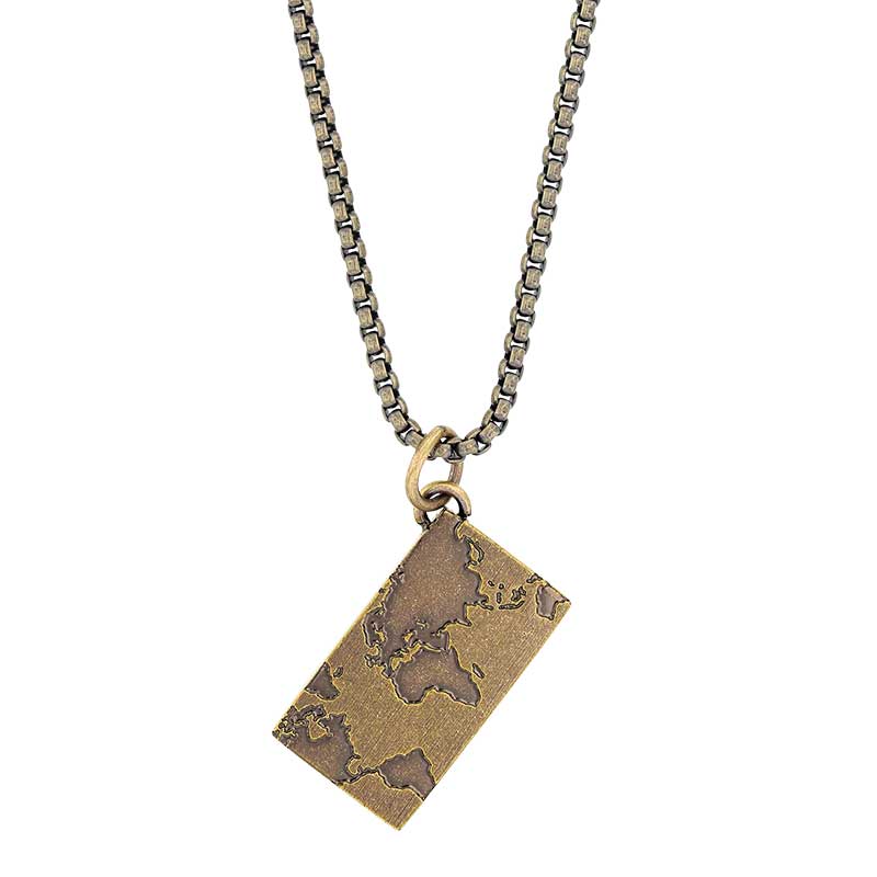 Collier Carte du monde acier aspect bronze