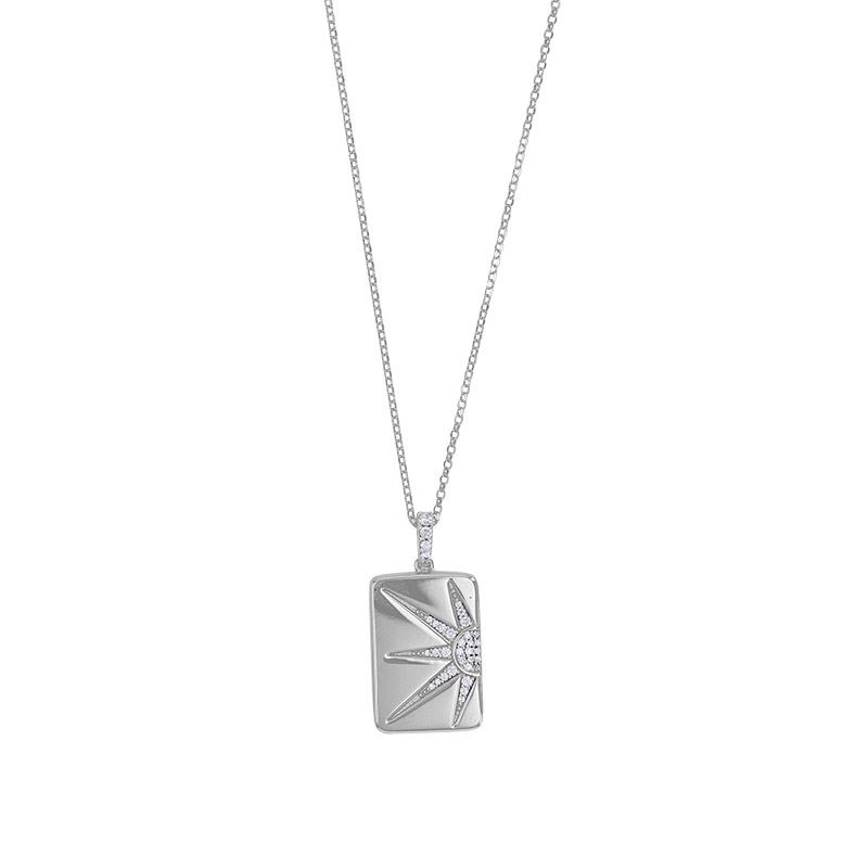 Collier cassolette rectangle avec étoile pavée d'oxydes, argent 925/1000 rhodié