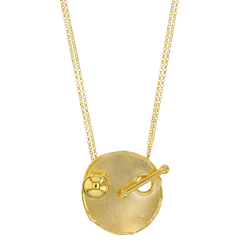 Collier cercle brossé avec barre et boule, en argent 925/1000 doré