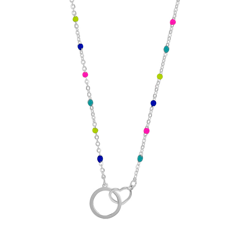 Collier cercle et coeur entrelacés, chaîne boules émail de couleurs, argent 925/1000