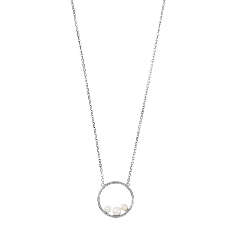 Collier cercle orné de 3 perles de culture d'eau douce, argent 925/1000 platiné