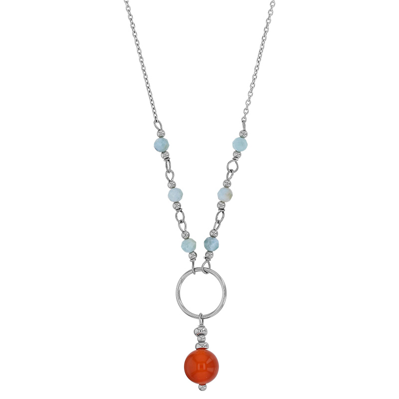 Collier cercle orné de pierres Larimar et Cornaline, argent 925/1000 platiné