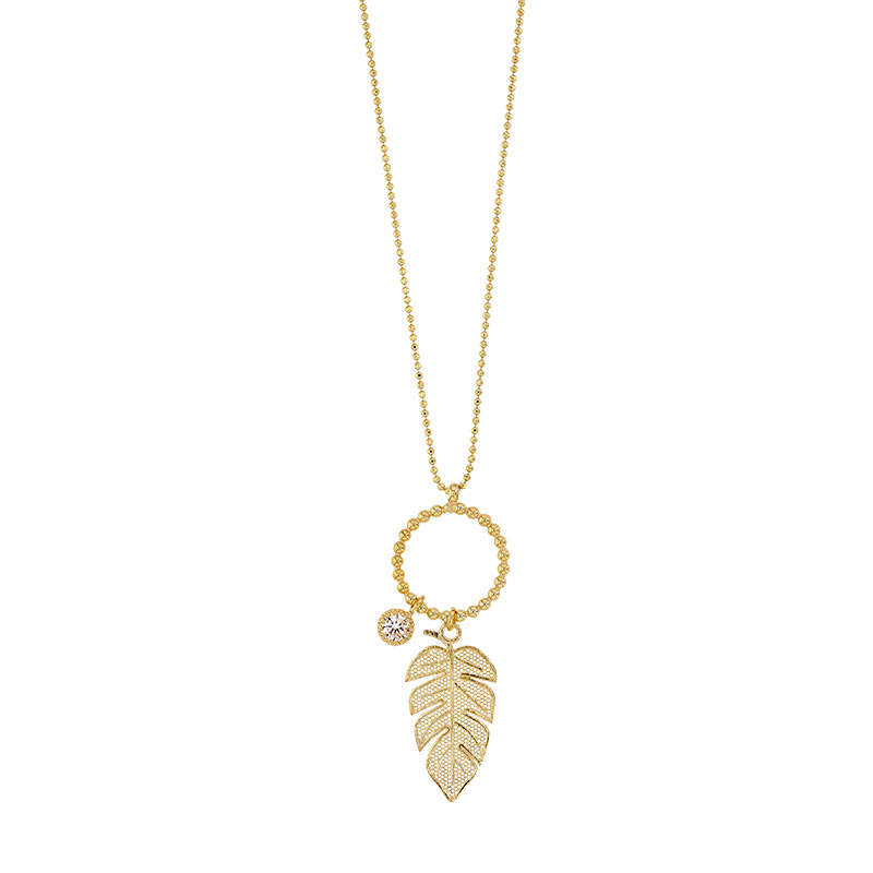 Collier cercle perlé argent 925/1000 doré - avec oxyde de zirconium et feuille découpée en filigrane