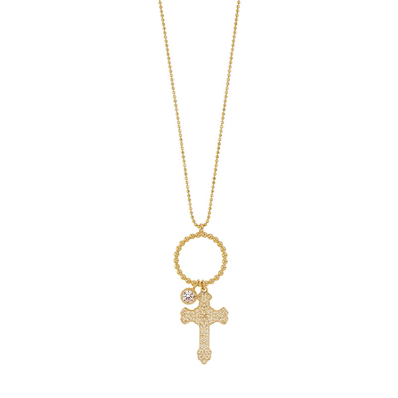 Collier cercle perlé en argent 925/1000 doré orné d'oxyde de zirconium d'une croix en filigrane