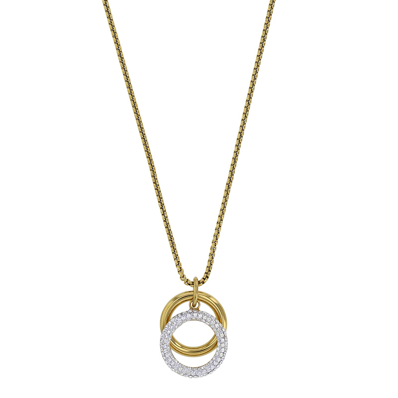 Collier 2 cercles dont 1 avec cristaux en chaîne venitienne, acier doré