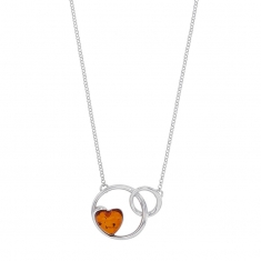 Collier cercles entrelacés argent 925/1000 rhodié orné d'un coeur en ambre