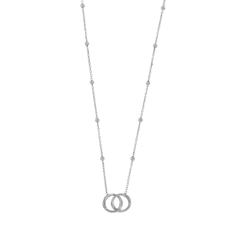 Collier 2 cercles entrelacés, chaîne boules, argent 925/1000 platiné