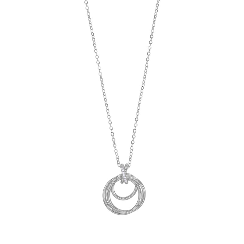 Collier 3 cercles entrelacés et bélière croix pavée d'oxydes, argent 925/1000 rhodié