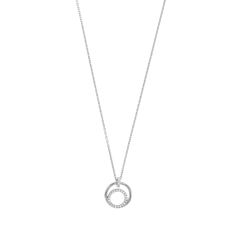 Collier 2 cercles, lisse et oxydes, bélière sertie 4 oxydes, argent 925/1000 platiné