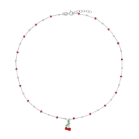 Collier cerise, boules émaillées rouge, argent 925/1000 rhodié