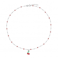 Collier cerise, boules émaillées rouge, argent 925/1000 rhodié