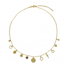 Collier ceurs, croix et étoiles, fleur en pampilles, oeil de chat et oxydes argent 925/1000 doré