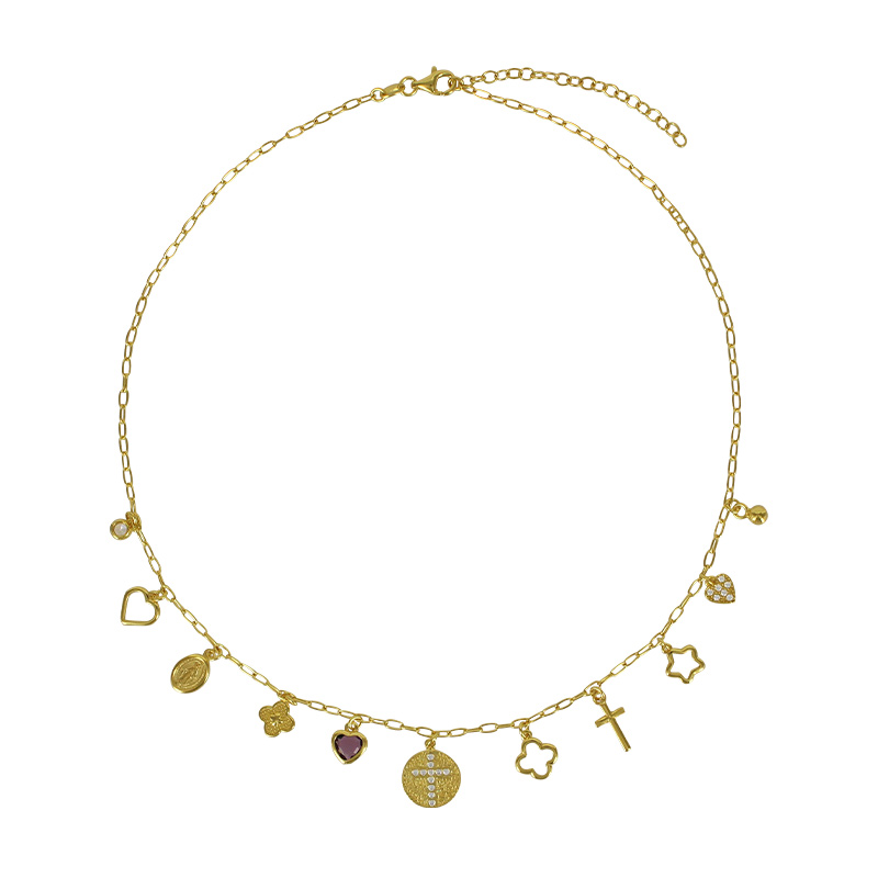 Collier ceurs, croix et étoiles, fleur en pampilles, oeil de chat et oxydes argent 925/1000 doré