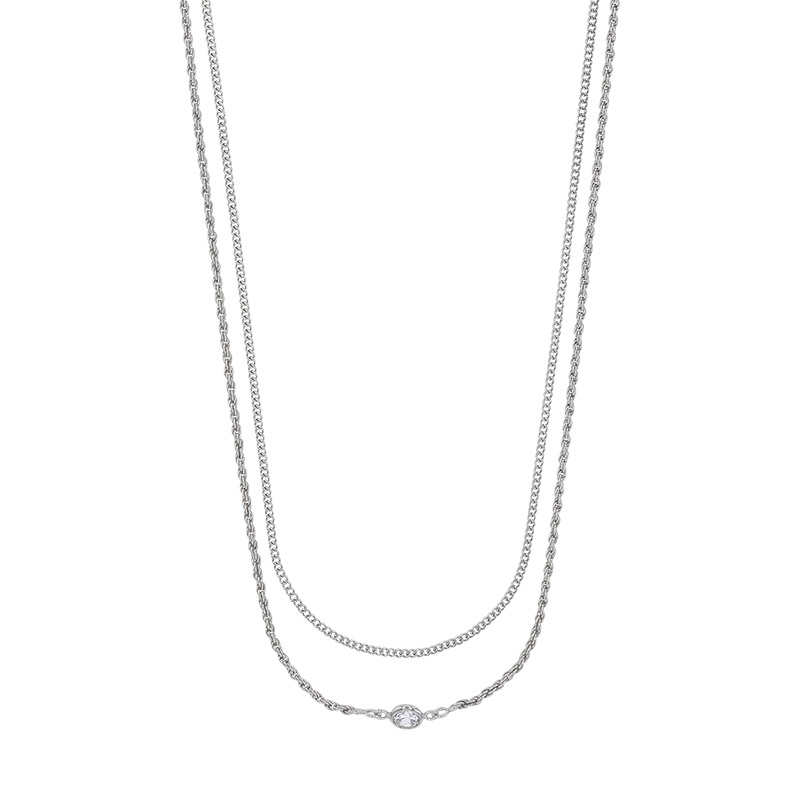 Collier 2 chaînes mailles corde et gourmette, oxyde serti clos, argent 925/1000 platiné