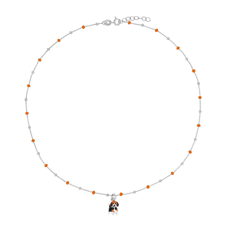 Collier chiot, boules émaillées orange, argent 925/1000 rhodié