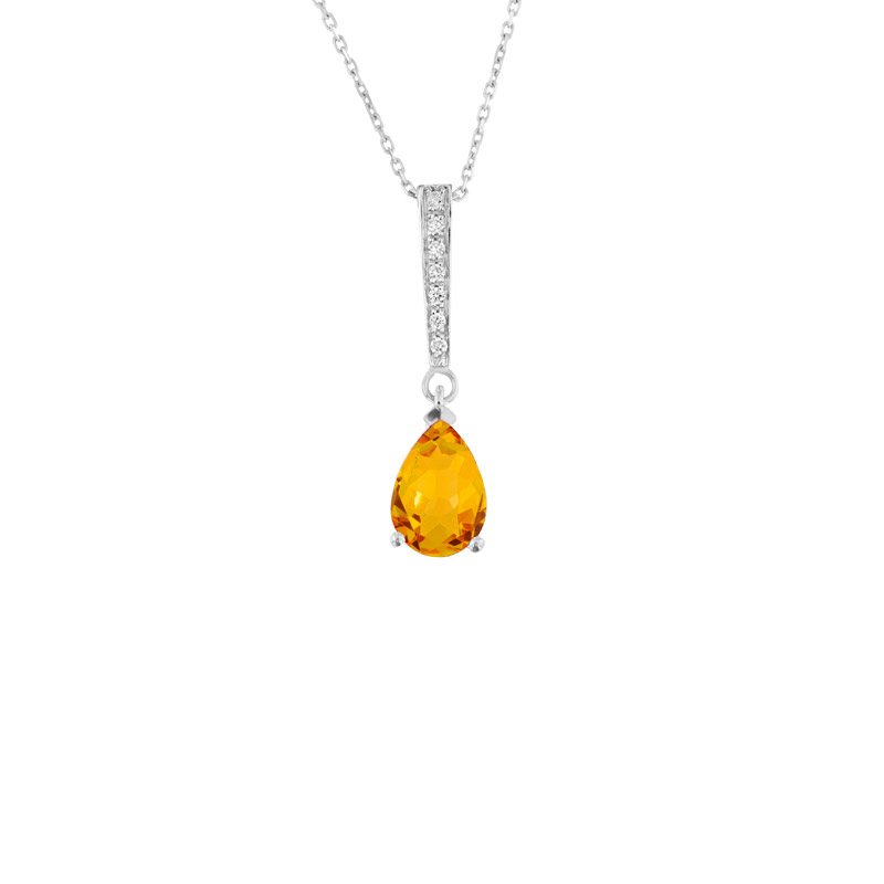 Collier Citrine taille poire 6x4mm, bélière sertie de 7 diamants HSI 0,06ct, Or blanc 750/1000