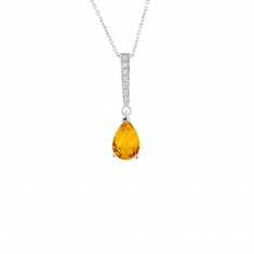 Collier Citrine taille poire 6x4mm, bélière sertie de 7 diamants HSI 0,06ct, Or blanc 750/1000