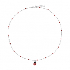 Collier coccinelle, boules émaillées rouge, argent 925/1000 rhodié