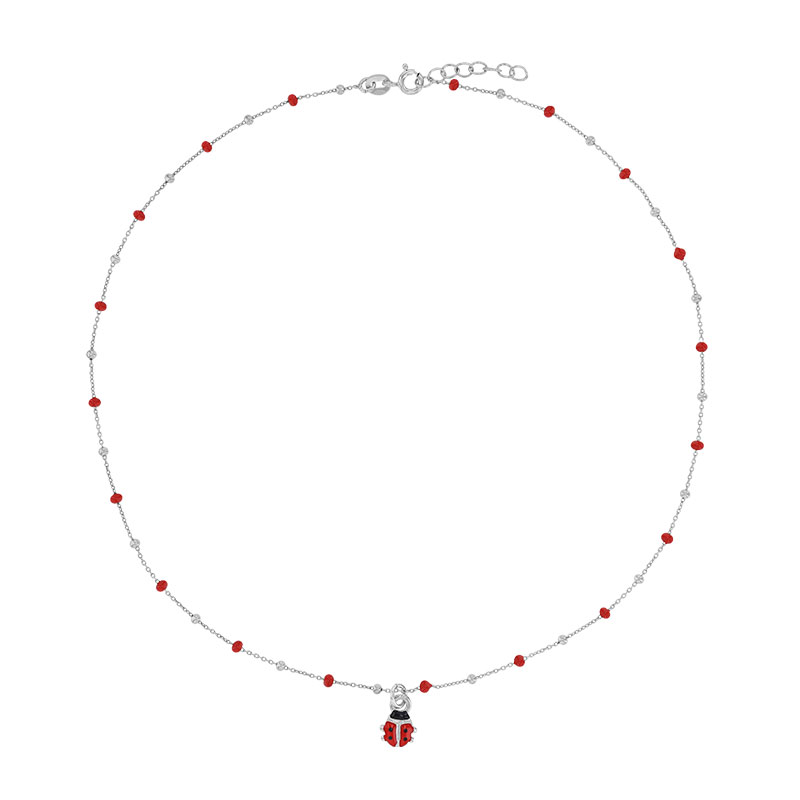 Collier coccinelle, boules émaillées rouge, argent 925/1000 rhodié