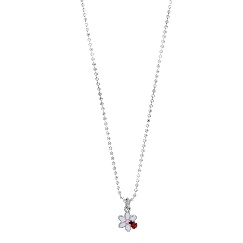 Collier coccinelle sur fleur émaillée multicolore, maille perlée et diamantée argent 925/1000 rhodié