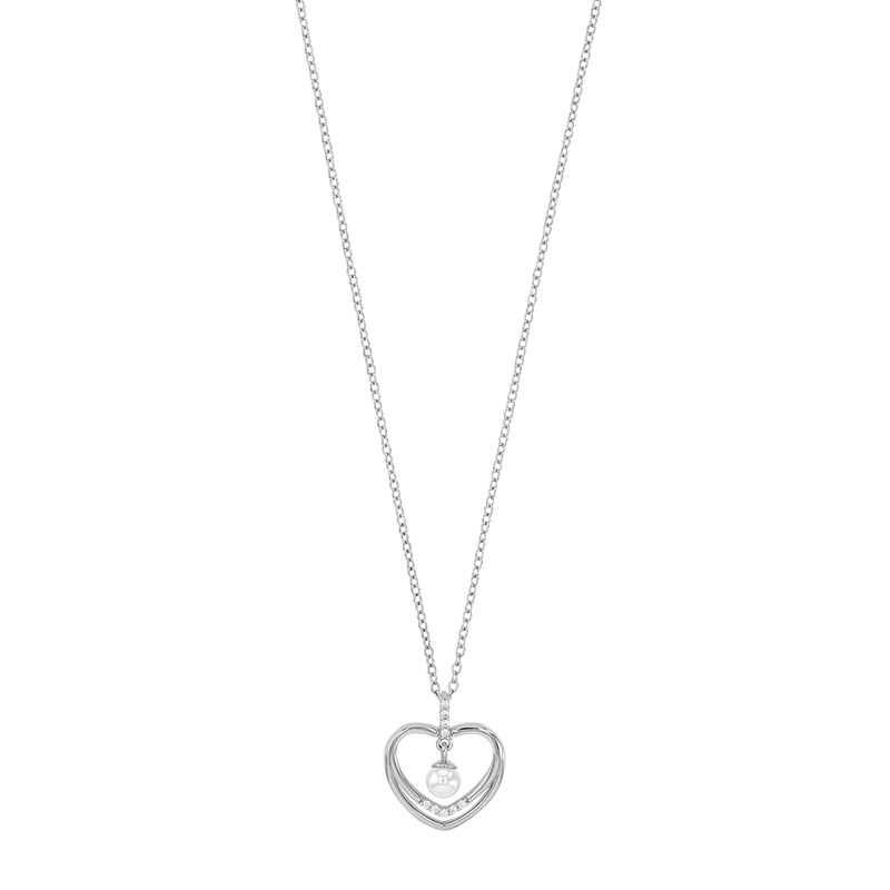 Collier coeur ajouré orné d'une perle de culture d'eau douce et d'oxydes, argent 925/1000 rhodié