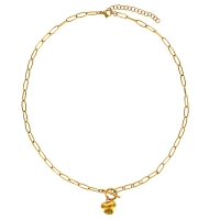 Collier coeur bombé lisse, rond ajouré et barre, maille boule, acier doré
