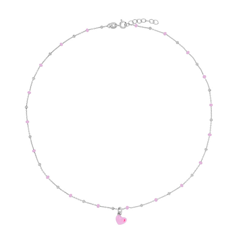 Collier coeur, boules émaillées rose clair, argent 925/1000 rhodié