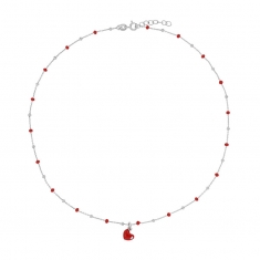 Collier coeur, boules émaillées rouge, argent 925/1000 rhodié
