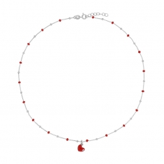 Collier coeur, boules émaillées rouge, argent 925/1000 rhodié