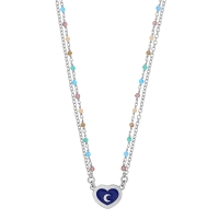 Collier coeur émail bleu, chaîne perles de verre, argent 925/1000 platiné