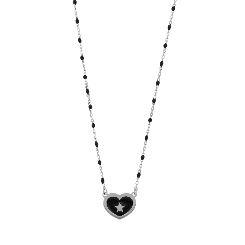 Collier coeur émail noir et étoile, argent 925/1000 platiné