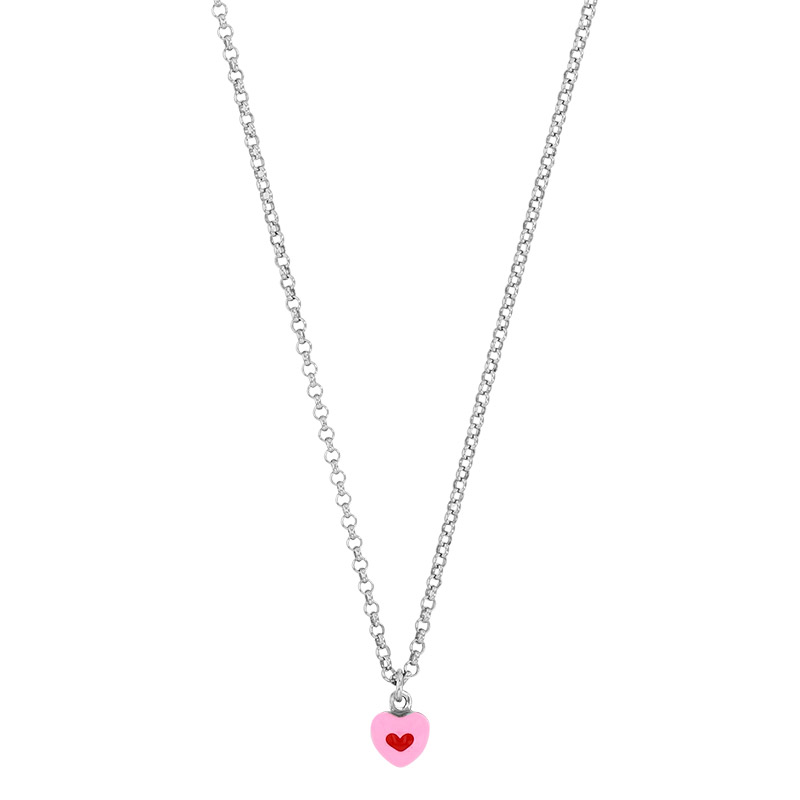 Collier coeur émail rose rouge argent 925/1000 rhodié