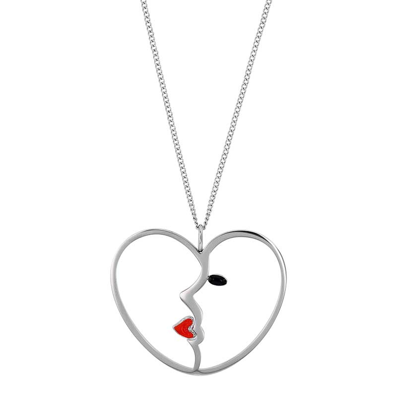 Collier coeur en acier ajouré avec visage femme en émail