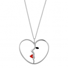 Collier coeur en acier ajouré avec visage femme en émail