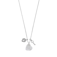 Collier coeur en nacre, pampilles coeur et clé, argent 925/1000 rhodié