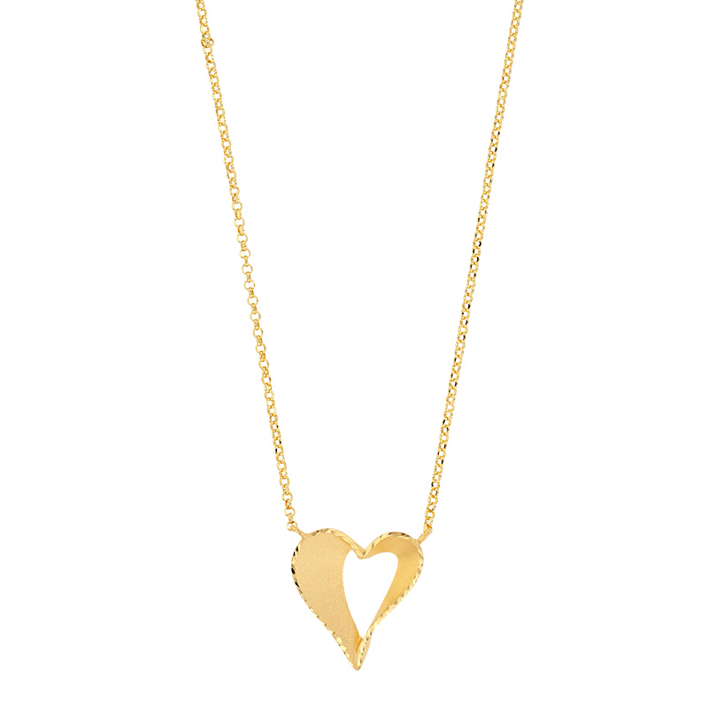 Collier coeur en relief ajouré et diamanté, argent 925/1000 platiné