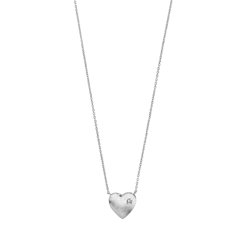 Collier coeur lisse orné d'un oxyde, argent 925/1000 rhodié